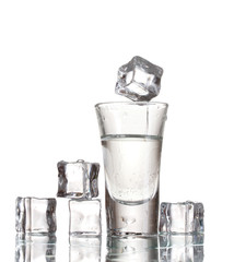 glass of vodka with ice isolaled on white