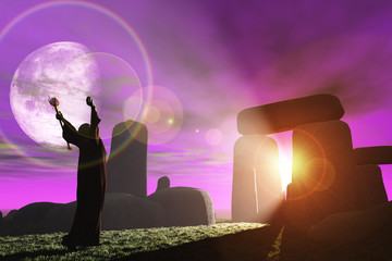 Druid greets the dawn at Stonehenge - obrazy, fototapety, plakaty