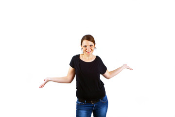 happy beautiful young woman gesturing with hands