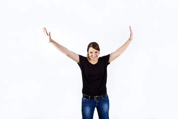 happy beautiful young woman gesturing with hands