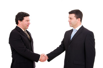 Two businessman shaking hands, making an agreement on white