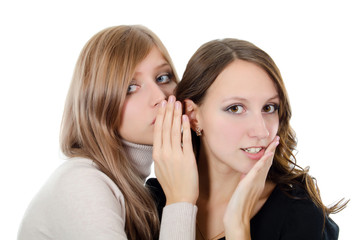 Two girl-friends tell gossips on an ear isolated