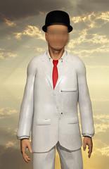 Man in white suit with blurring face