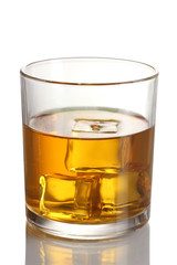 glass of whiskey and ice isolated on white