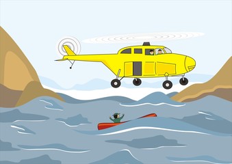 helicopter, rescuers, landscape, castaway in a boat, vector illustration