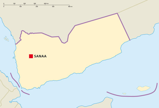 Yemen political map with capital Sanaa and national borders. English labeling and scaling. Illustration. Vector.