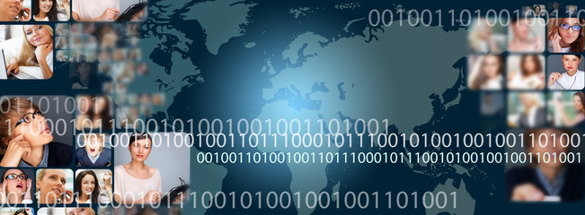 Graphic design background. World map and photo of different peop