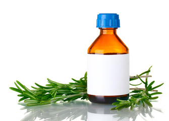 medical bottle and fresh green rosemary isolated on white