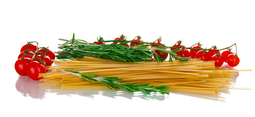 spaghetti, rosemary and tomatoes cherry isolated on white