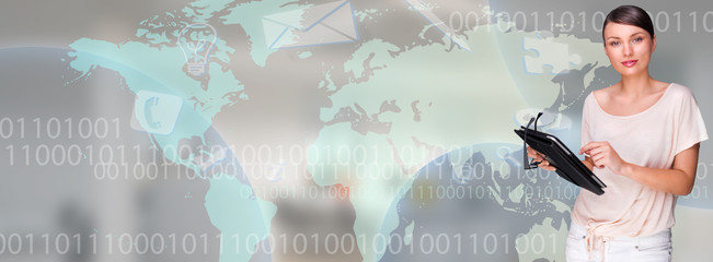 Portrait of young woman standing in fron of big world map and us