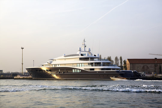 A luxury yacht docked in the marina