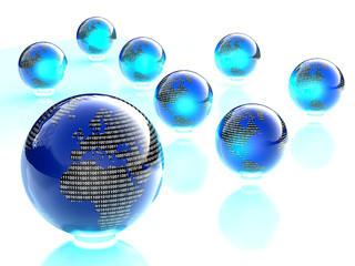 Fototapeta na wymiar digital binary shiny blue and black world globes
