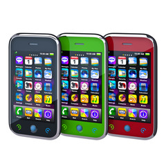 Several touchscreen smartphone on white background. Cell Smart M