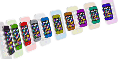 Several touchscreen smartphone on white background. Cell Smart M