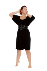 Young girl in black dress on white backgroung