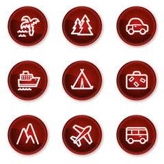 Travel web icons set 1, dark red circle buttons