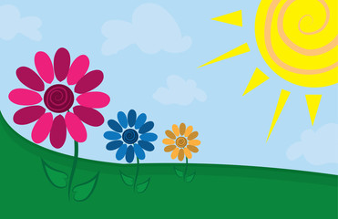 Three flowers in a sunny field