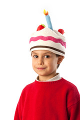 Child with cake mask isolated on white background.