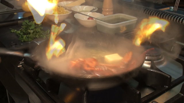 cooking flambe lobster