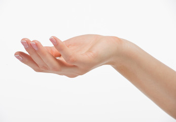 Female empty open hand isolated on white background