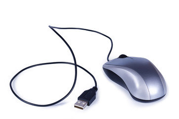 gray computer mouse with connection cord USB