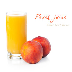 A glass of peach juice with fruits near