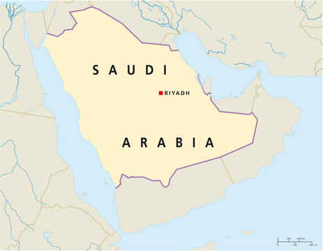 Saudi Arabia political map with capital Riyadh and national borders. English labeling and scaling. Illustration. Vector.