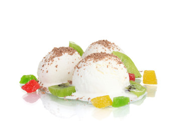 delicious vanilla ice cream with chocolate and fruits isolated