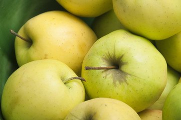 Golden apples in a green bowl