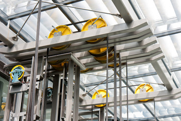 Holding frame of an open steel lift shaft in a modern bulding © Kruwt