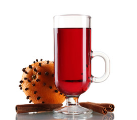 mulled wine in the glass, spice and orange isolated on white
