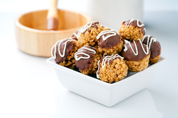 Bowl of chocolate crisp rice treats
