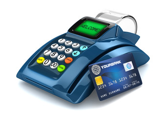 3D Blue POS-Terminal with Credit Card