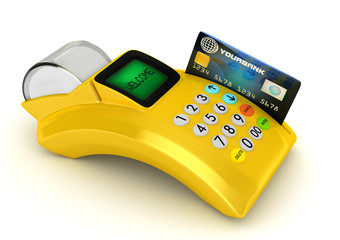 3D Yellow POS-terminal with credit card