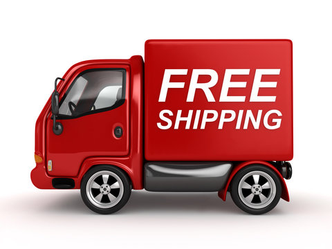 3D Red Van with Free Shipping text isolated