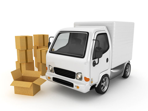 3D White Van with cardboard boxes isolated