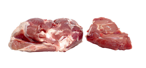 Pork and beef pieces isolated on a white background.