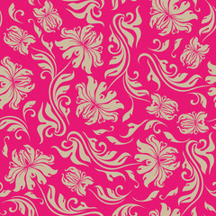 Seamless floral pattern. Beige flowers on a red background.