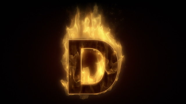 Fiery letter D burning in loop with particles