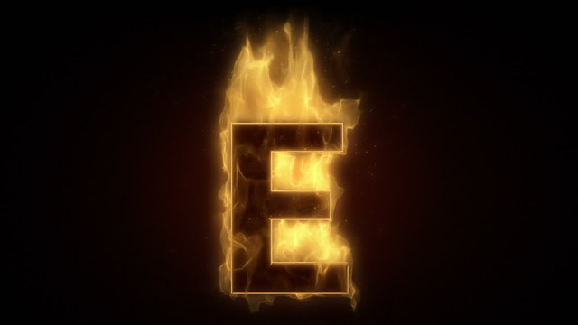 Fiery letter E burning in loop with particles