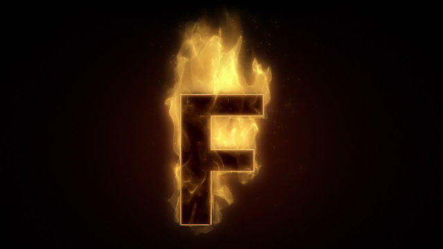 Fiery letter F burning in loop with particles