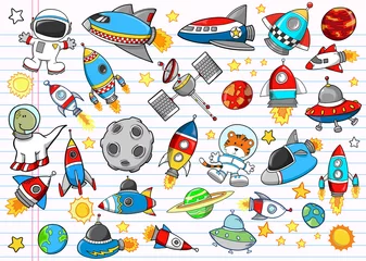 Wall murals Cartoon draw Outer Space Doodle Sketch Vector Illustration Set