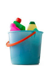Plastic bucket with cleaning supplies