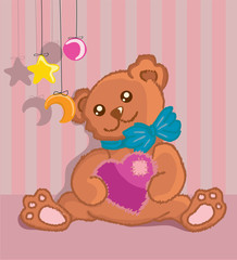 Hand drawn furry teddy bear with a heart in paws