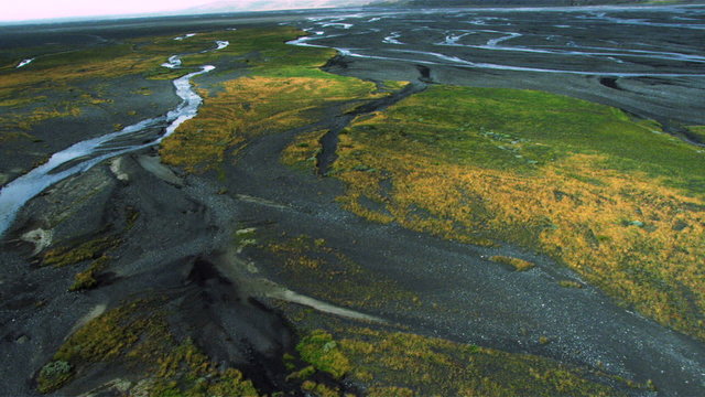 Aerial View of Growth in Meltwater from Volcanic Ash, Iceland
