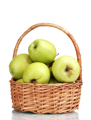 juicy green apples in the basket isolated on white