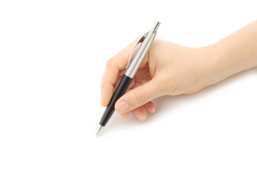 Writing woman hand on a white background