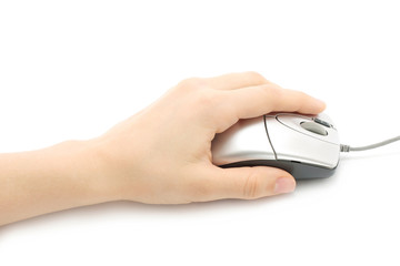 Woman hand with computer mouse on a white background