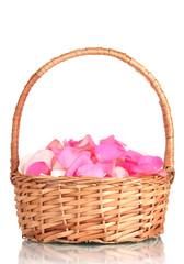 Fototapeta na wymiar beautiful pink rose petals in basket isolated on white
