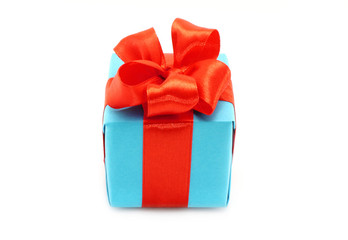 Present box with red bow on a white background